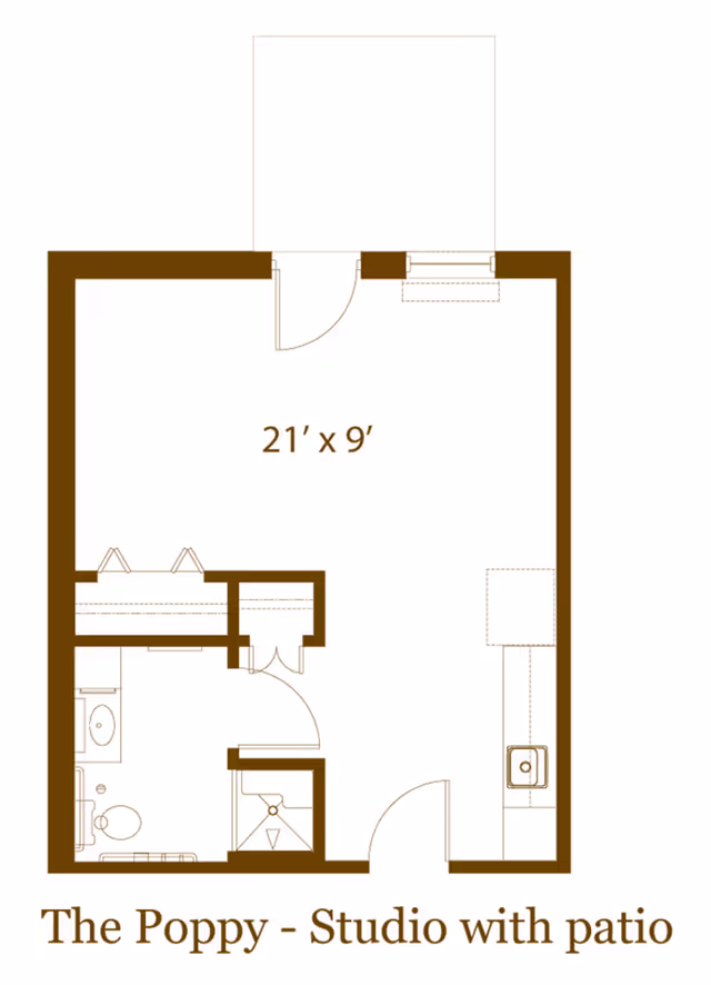 Floor plan layout of The Poppy studio apartment with patio at Garden Place Waterloo, showing a 21 by 9 feet main room, a bathroom with toilet and sink, and a small kitchen area.