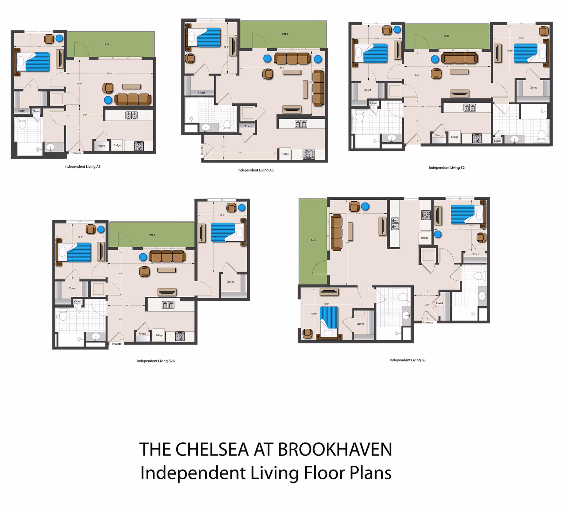Floor plans for independent living units at The Chelsea at Brookhaven, showing layouts with bedrooms, living rooms, kitchens, bathrooms, closets, and patios.