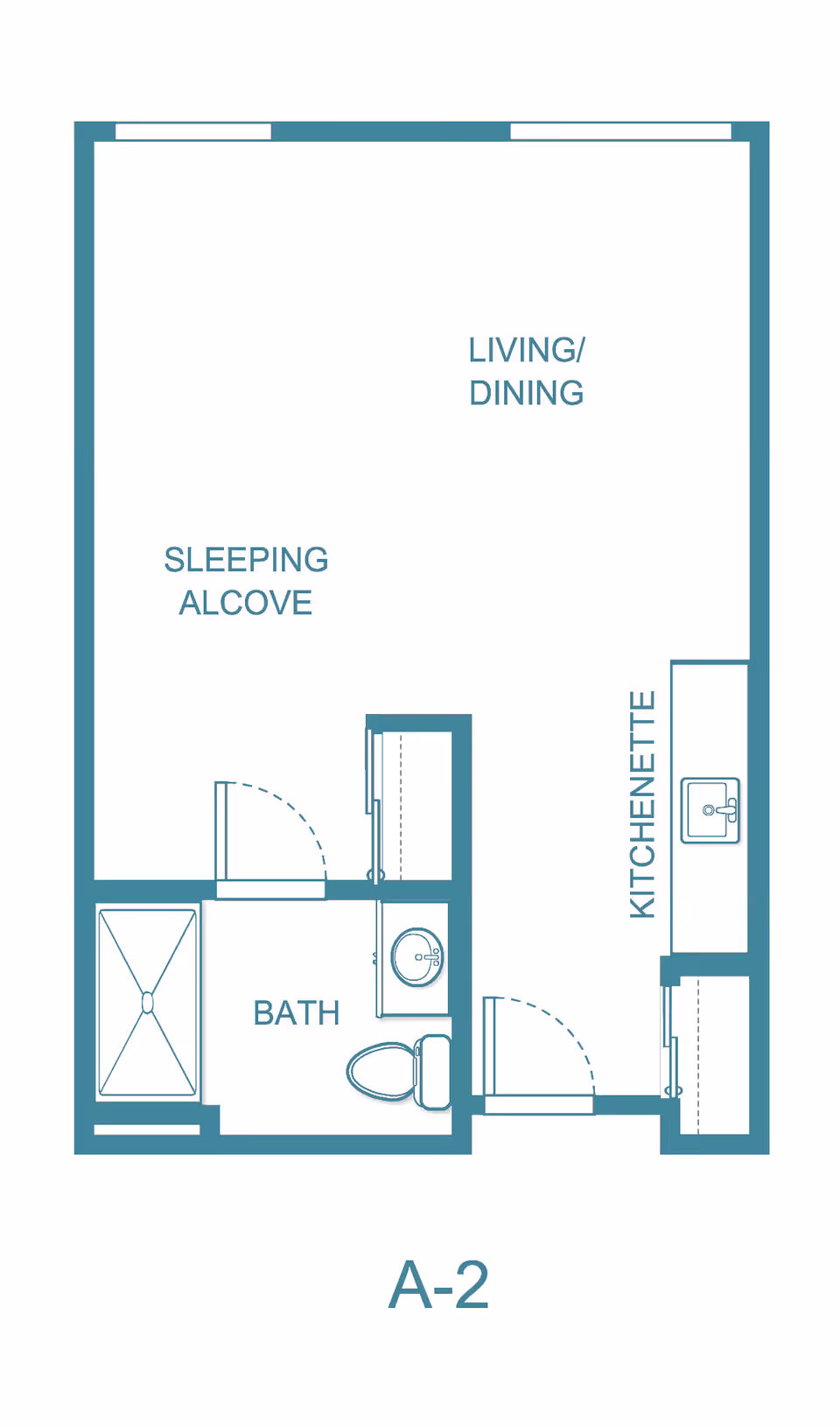 Floor plan layout of a studio apartment labeled A-2, showing a sleeping alcove, living/dining area, kitchenette, and a bathroom with a shower, toilet, and sink.