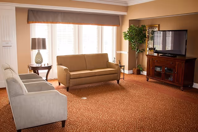 A cozy living room with a beige sofa and two gray armchairs arranged on a patterned carpet. There is a wooden side table with a lamp next to the sofa, a large window with blinds and a valance, a wooden TV stand with a flat-screen television, and a tall green plant in the corner.