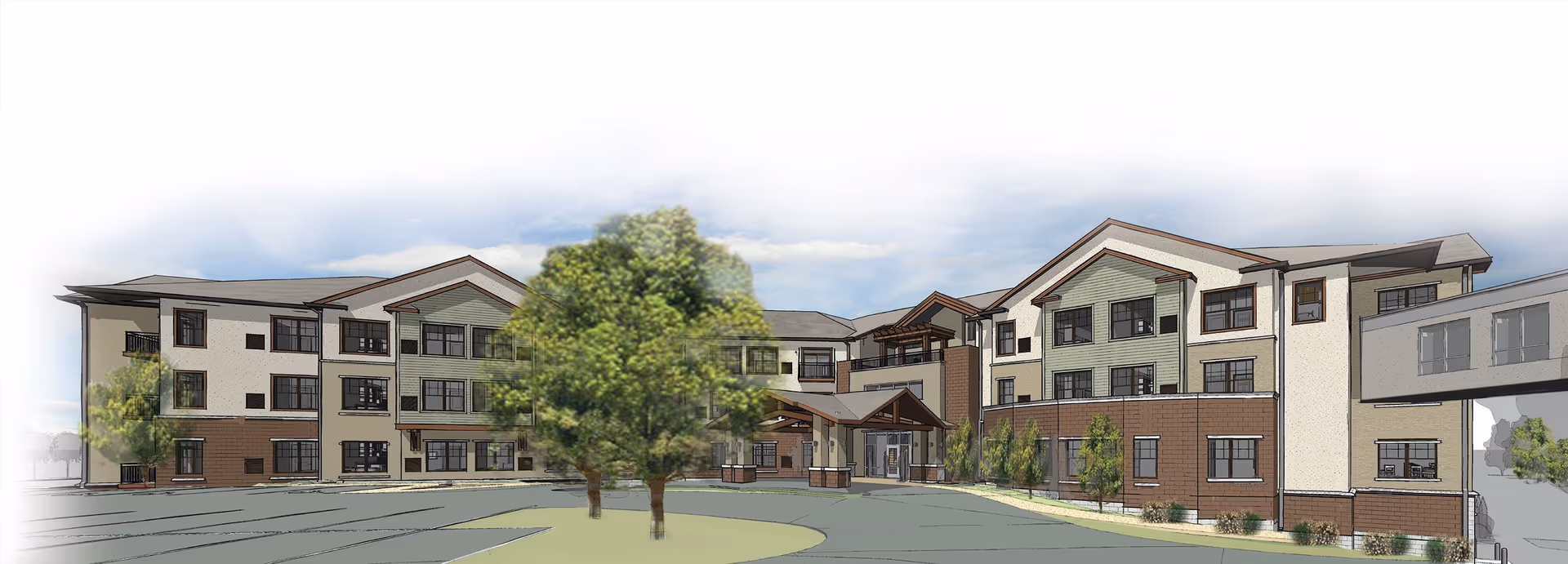 Architectural rendering of a three-story senior living building with trees and a driveway in front.