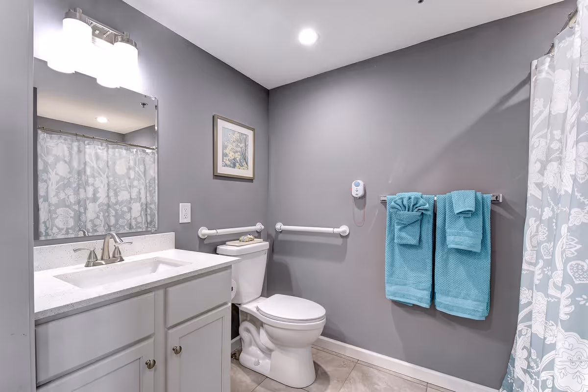 A clean and modern bathroom with gray walls, a white vanity with a sink and faucet, a large mirror with three light fixtures above it, a toilet with safety grab bars on the walls, a framed picture above the toilet, and a towel rack holding two neatly folded turquoise towels. A shower curtain with a floral pattern is partially visible on the right side.