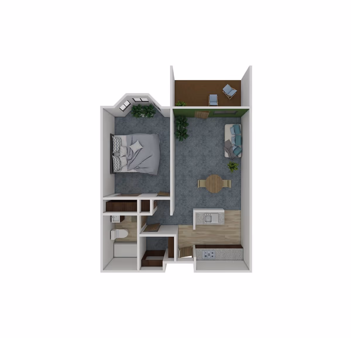 3D floor plan of a senior living apartment featuring a bedroom with a bed and plants, a bathroom with a toilet and bathtub, a kitchen area with a sink and stove, a living room with a sofa, round dining table with chairs, and an outdoor patio with two chairs.
