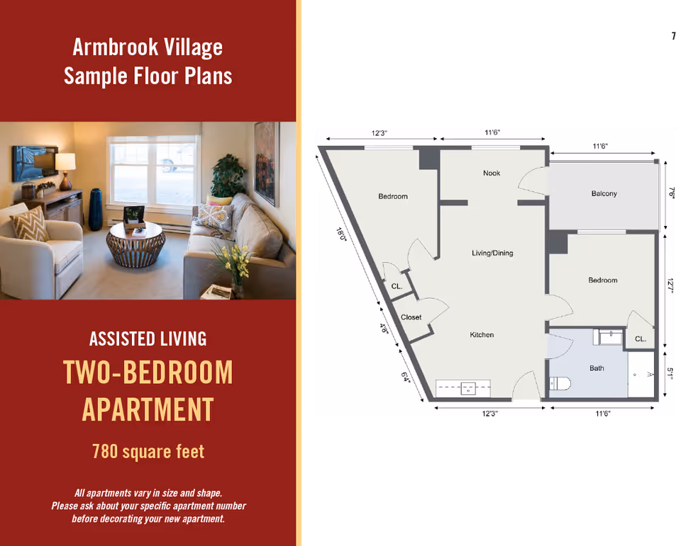 Brochure-style image for Armbrook Village showing a living room photo on the left and a two-bedroom assisted living apartment floor plan with text stating 780 square feet on the right.