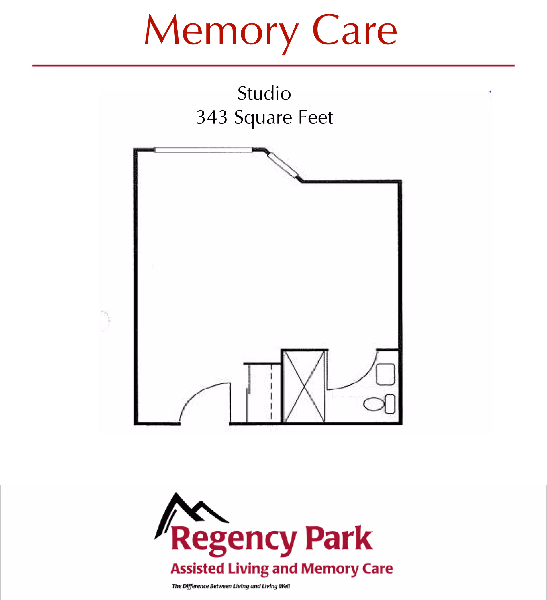 Floor plan drawing titled "Memory Care" showing a 343-square-foot studio layout with a small bathroom and closet and the Regency Park logo below.