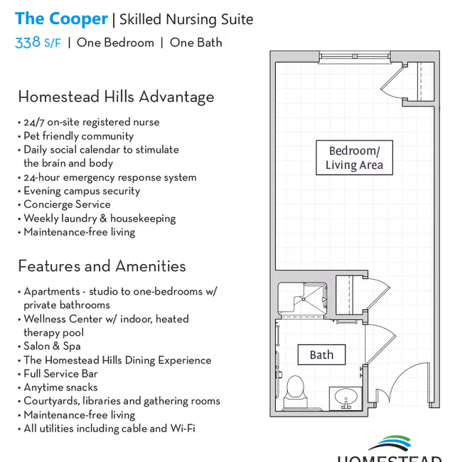 Floor plan of The Cooper skilled nursing suite at Homestead Hills showing a one-bedroom, one-bath layout with labeled Bedroom/Living Area and Bath. Text lists Homestead Hills advantages and features including 24/7 nurse, pet friendly, social calendar, emergency response, security, concierge, laundry, housekeeping, maintenance-free living, wellness center, salon, dining, service bar, snacks, courtyards, libraries, and utilities.