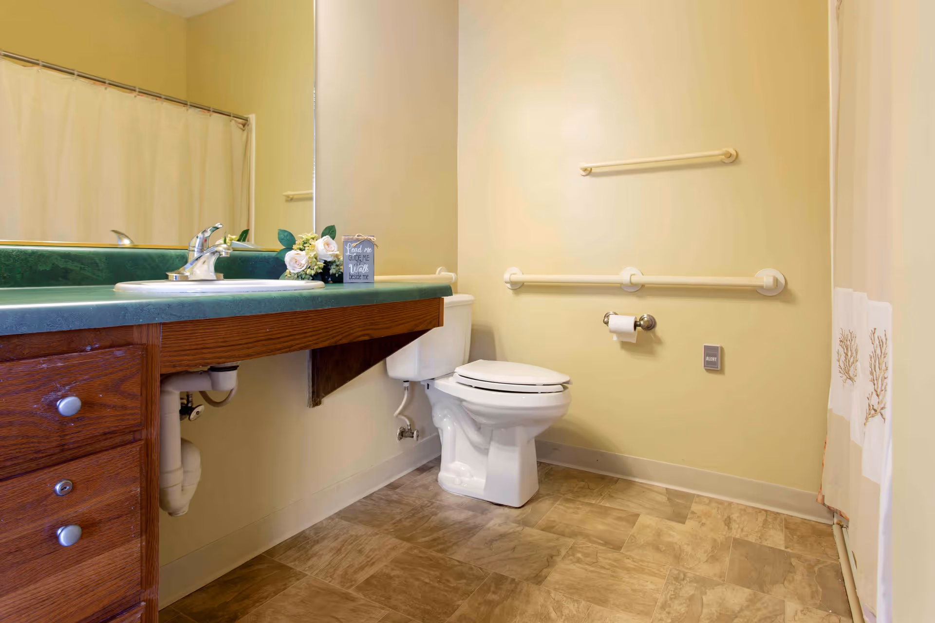 Accessible bathroom with a toilet, grab bars, a vanity with green countertop and sink, and a shower curtain.