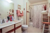 Bathroom with sink, toilet, vanity, and pink shower curtain.
