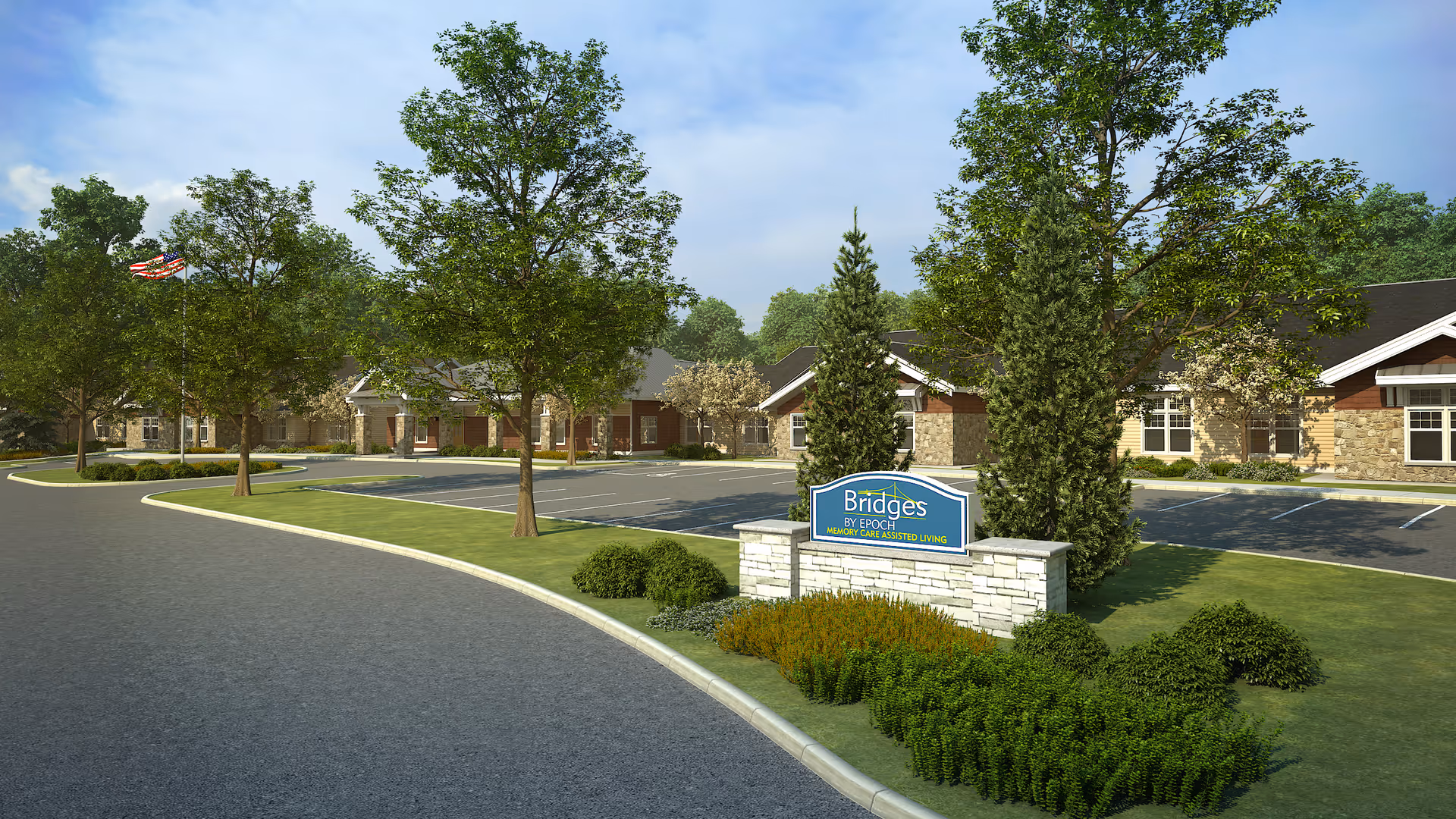 Landscaped entrance and sign for Bridges by EPOCH in front of single-story senior living buildings and trees.