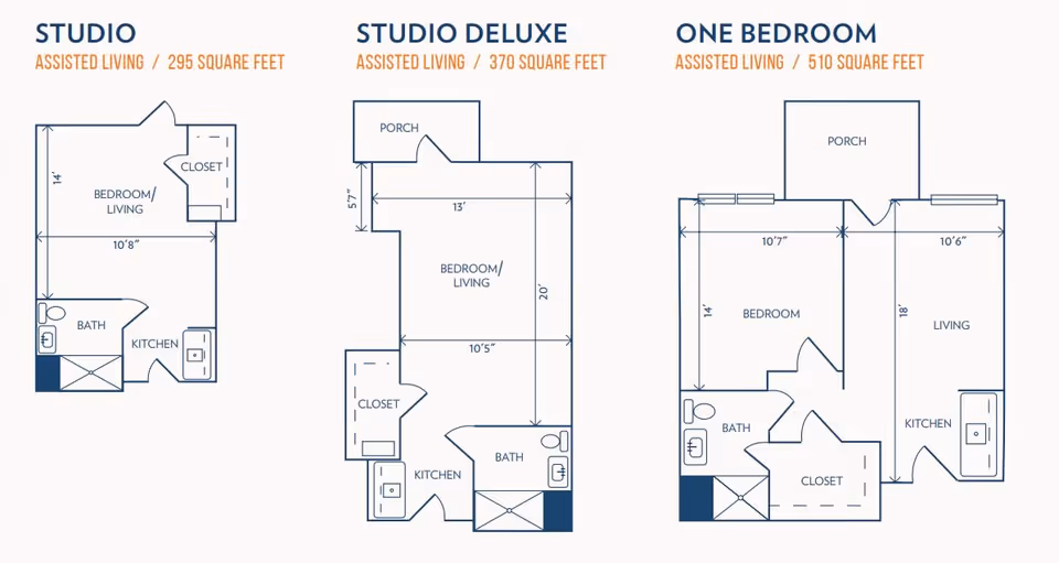 Floor plans for three types of assisted living units at The Gardens at Barry Road Assisted Living and Memory Care: Studio (295 square feet) with bedroom/living area, kitchen, bath, and closet; Studio Deluxe (370 square feet) with bedroom/living area, kitchen, bath, closet, and porch; One Bedroom (510 square feet) with separate bedroom, living room, kitchen, bath, closet, and porch.