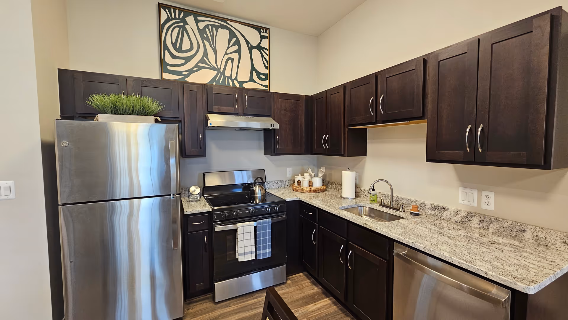Modern kitchen with dark wood cabinets, stainless steel refrigerator, stove, and dishwasher. Granite countertops with a small sink, paper towel holder, and decorative items including a plant on top of the refrigerator and a framed abstract artwork above the cabinets.