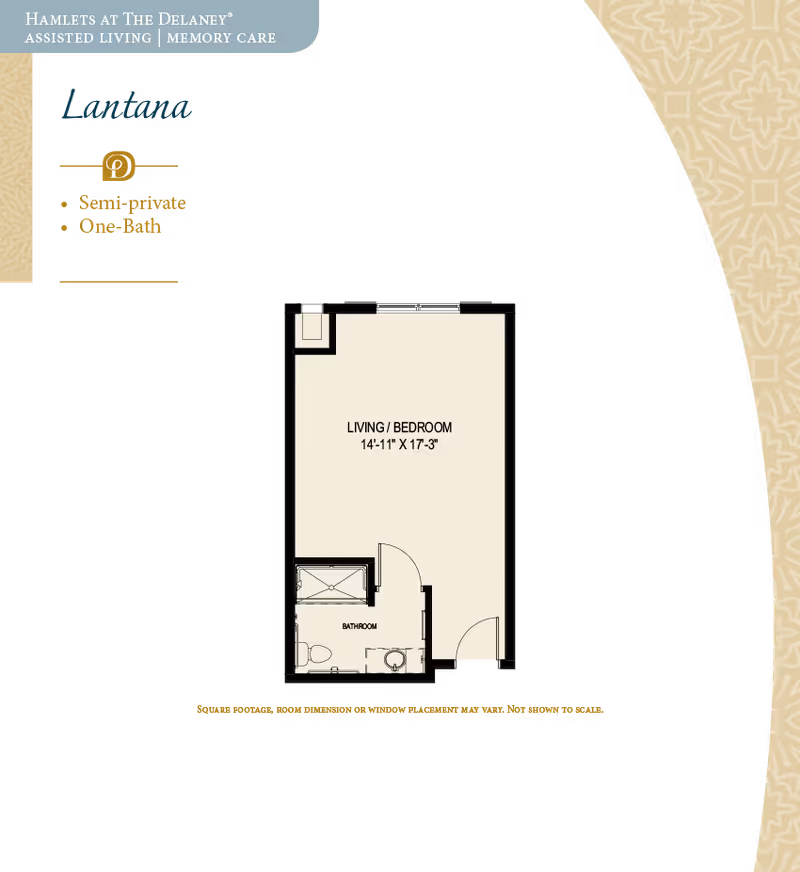 Floor plan layout of a semi-private, one-bath assisted living unit named Lantana at Hamlets at The Delaney. The unit includes a combined living and bedroom area measuring 14 feet 11 inches by 17 feet 3 inches, and a bathroom with a shower, toilet, and sink.