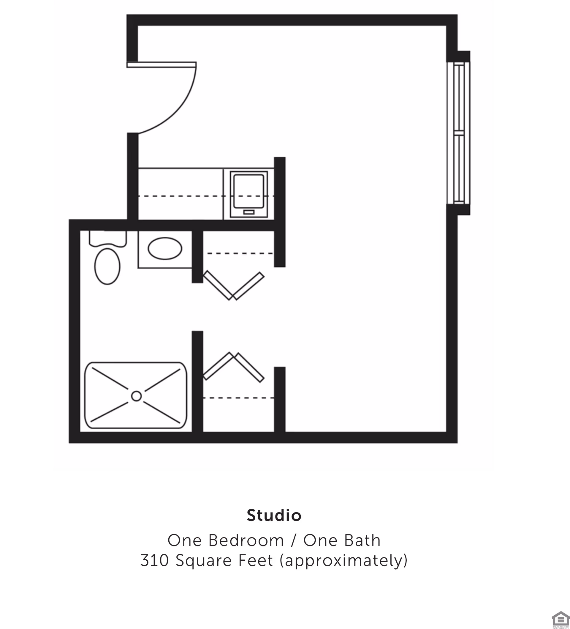 Black-and-white floor plan diagram of a studio apartment showing a bathroom with shower and toilet, a kitchenette area, closets, and an open living space labeled "Studio".