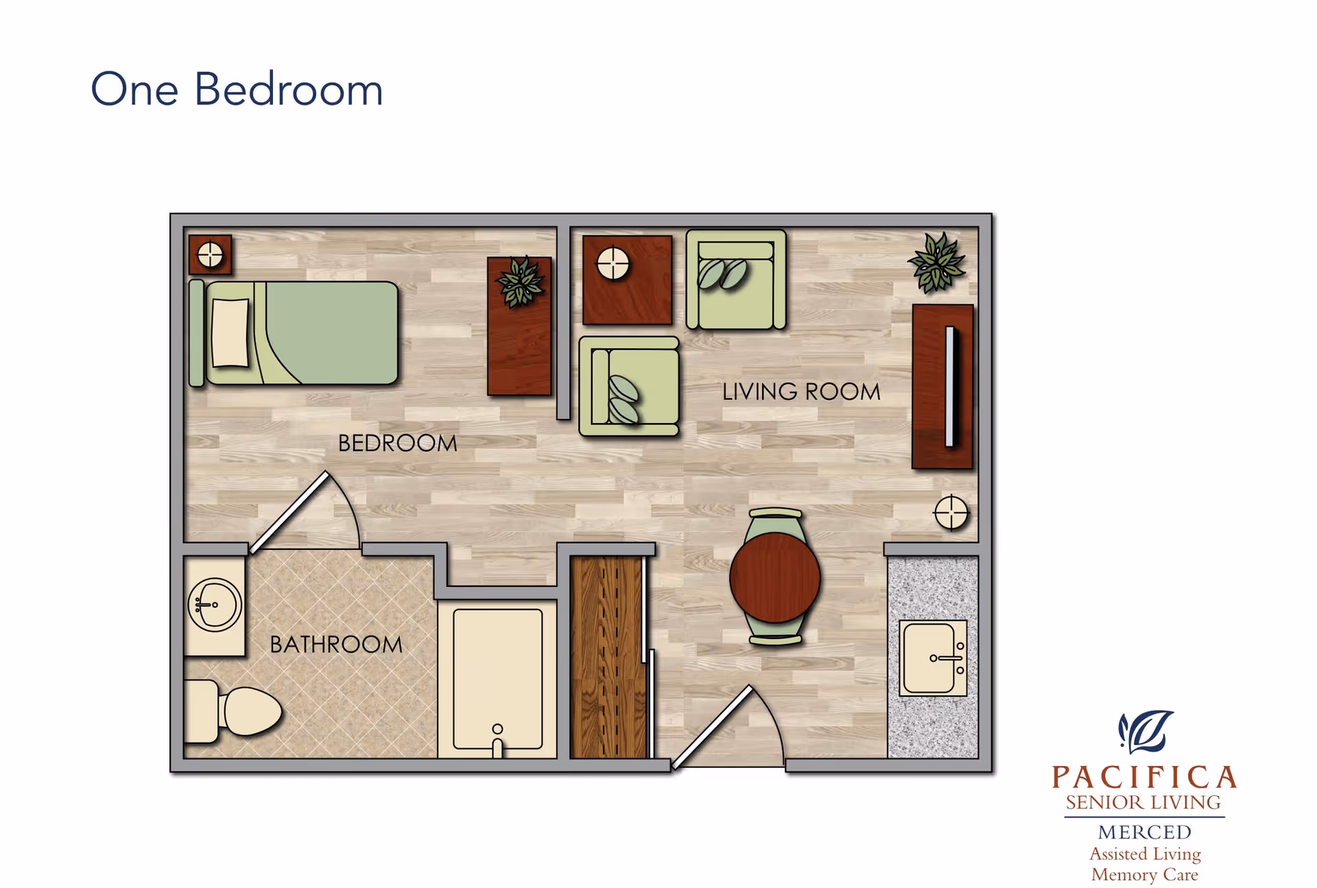 Floor plan of a one-bedroom apartment at Pacifica Senior Living Merced showing a bedroom with a bed and nightstand, a bathroom with a sink, toilet, and bathtub, and a living room with two chairs, a small round table with two chairs, a TV stand, and a kitchenette with a sink.