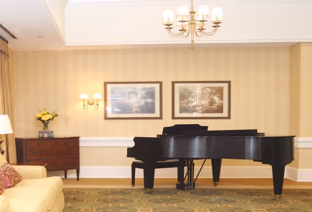 A well-lit living room area featuring a black grand piano on a patterned carpet. The walls have light yellow vertical stripes with two framed pictures hanging above the piano. To the left, there is a wooden chest of drawers with a vase of yellow flowers and a table lamp on top. A beige sofa with a decorative pillow is partially visible in the foreground. A chandelier with multiple lights hangs from the ceiling.