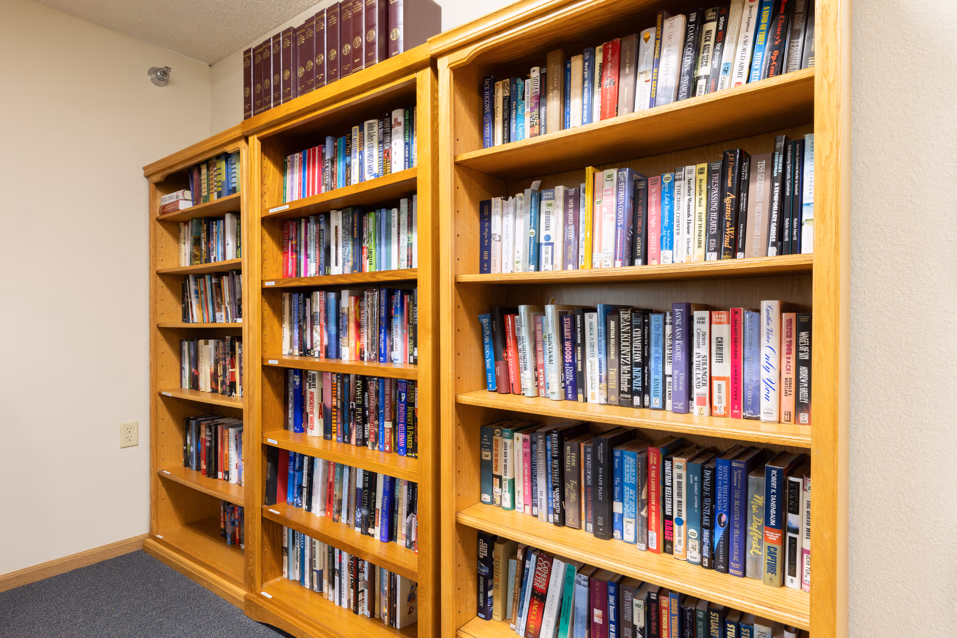 Three wooden bookshelves filled with a variety of books in a room with beige walls and blue carpet.