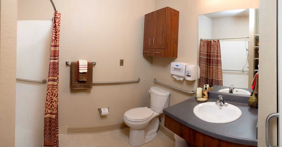 A clean and accessible bathroom featuring a toilet, a sink with a countertop, a large mirror, a wooden cabinet mounted on the wall, and a shower area with a patterned red and beige shower curtain. There are grab bars installed near the toilet and in the shower for safety, along with a towel rack holding folded towels and a mounted soap and paper towel dispenser near the sink.