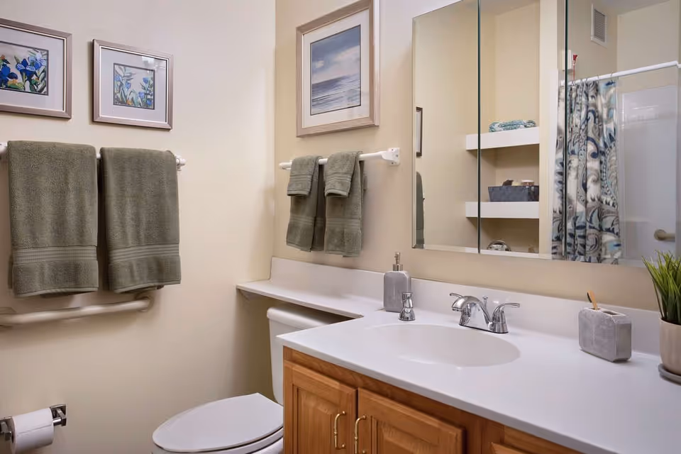 Well-lit accessible bathroom with a sink and countertop, mirrored cabinet, toilet, towel racks with green towels, and a shower with a patterned curtain.