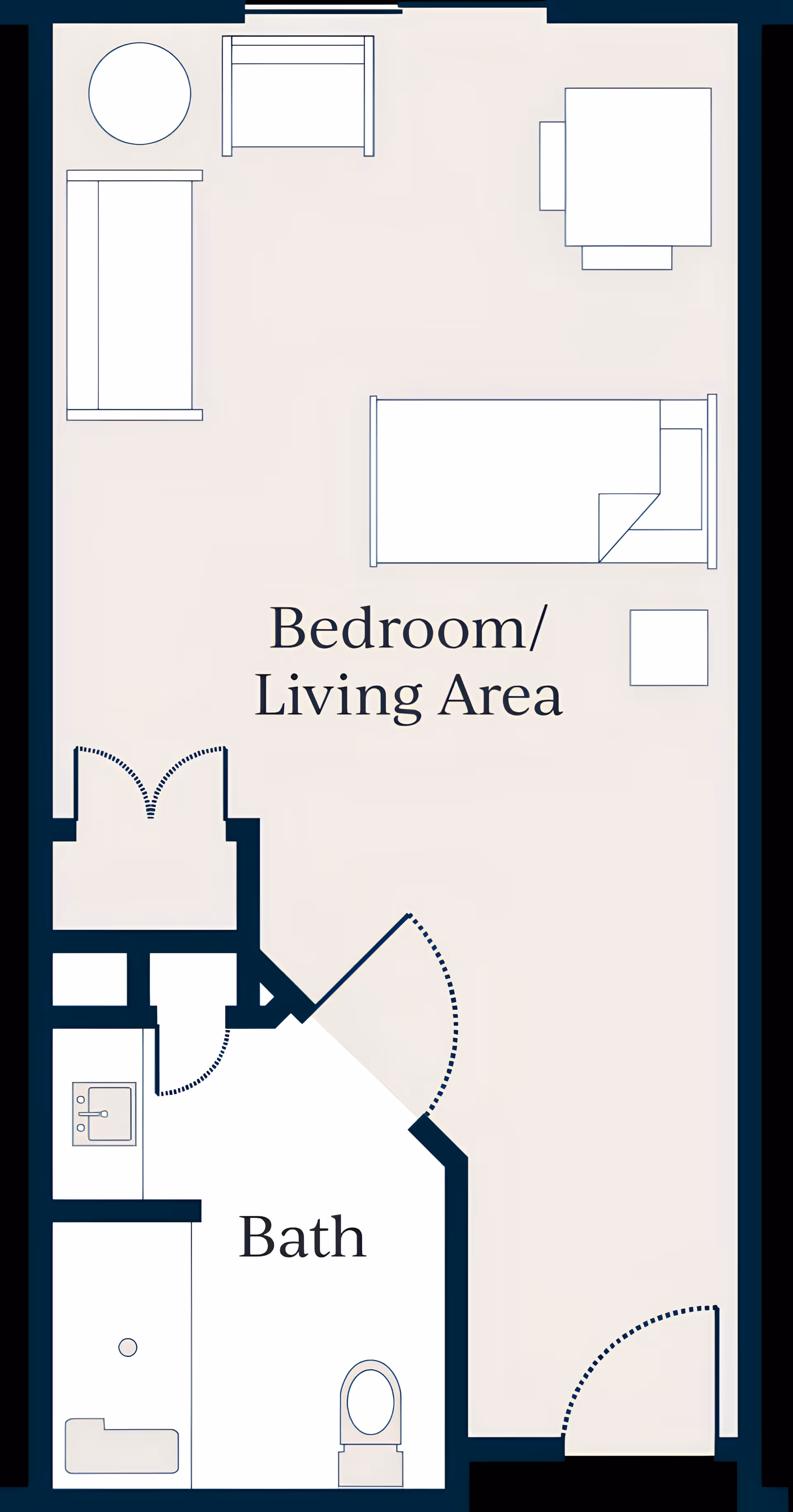 Top-down floor plan schematic showing a combined bedroom/living area labeled 'Bedroom/Living Area' with an adjacent bathroom and fixtures.