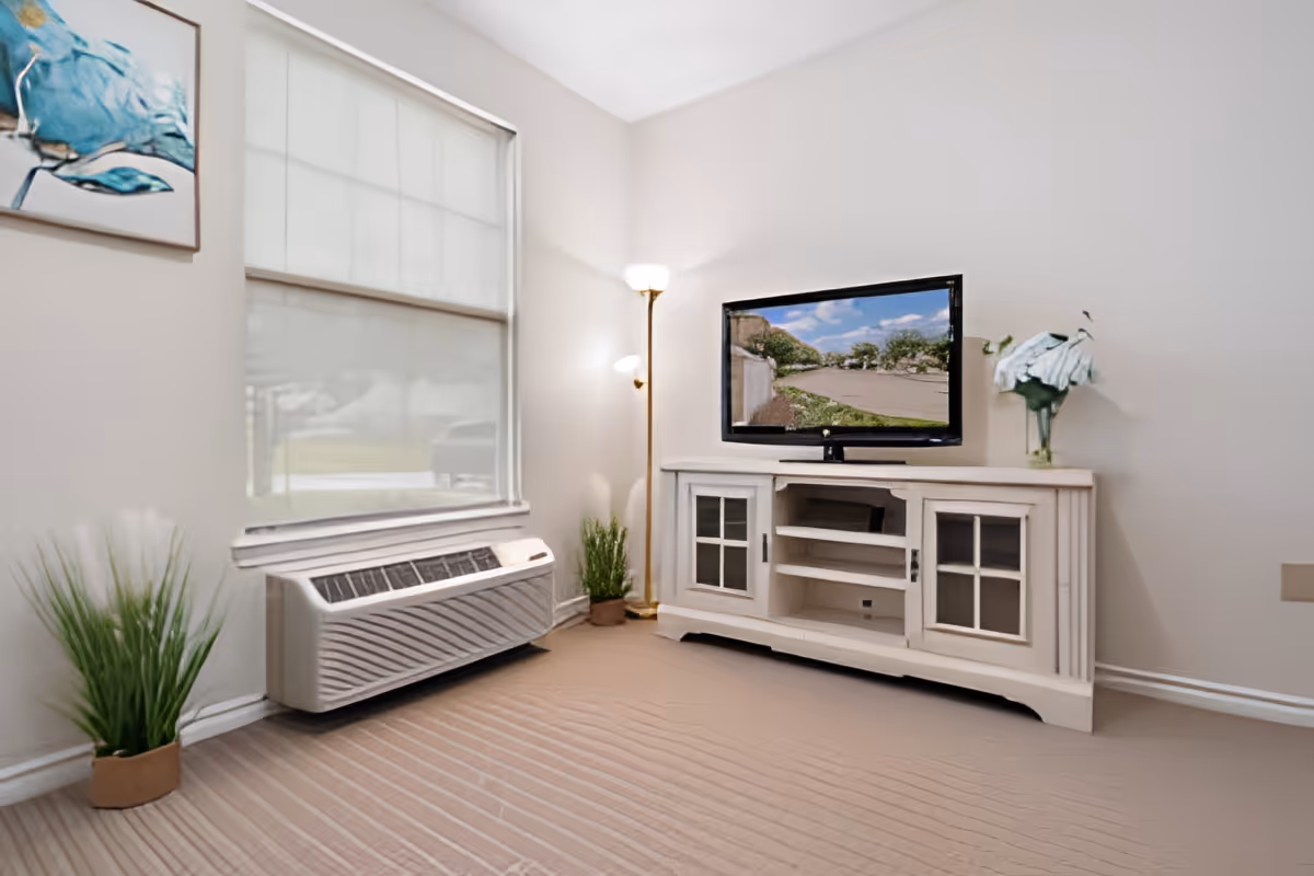 A cozy living room corner with a flat-screen TV on a white wooden cabinet, a tall floor lamp, two potted plants, a window with a closed blind, and a framed blue flower painting on the wall.