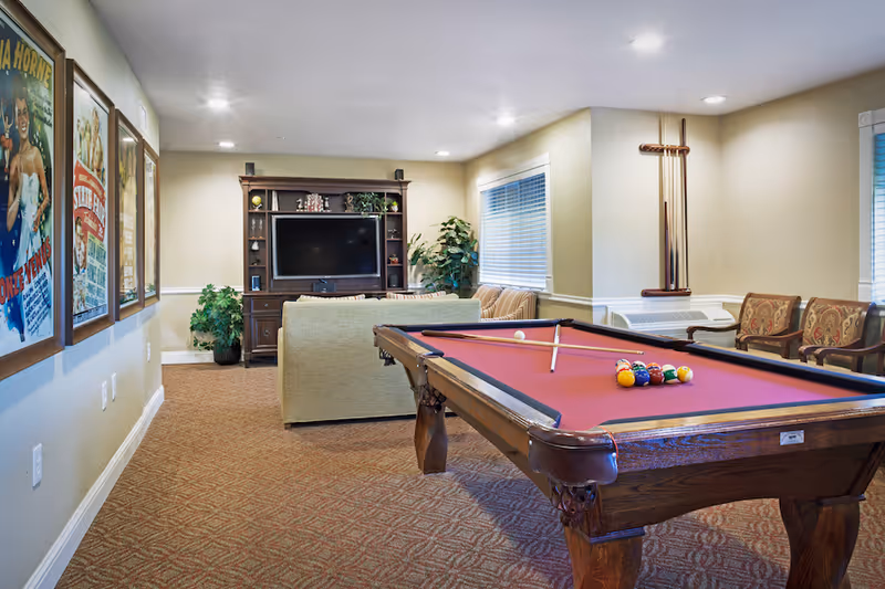 A cozy recreational room featuring a pool table with a red felt surface and billiard balls arranged for a game. Behind the pool table is a beige couch facing a large flat-screen TV mounted on a dark wooden entertainment center. The room has beige walls, carpeted floor, framed vintage posters on one wall, and several potted plants. There are also two upholstered chairs and a window with blinds letting in natural light.