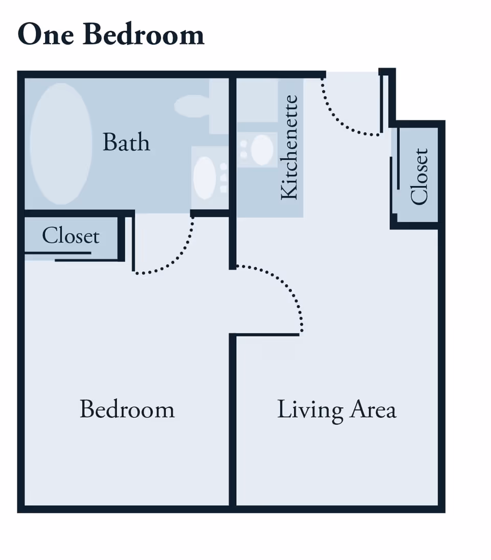 Floor plan layout of a one-bedroom apartment showing a bedroom with a closet, a bath, a kitchenette, a living area, and an additional closet near the entrance.