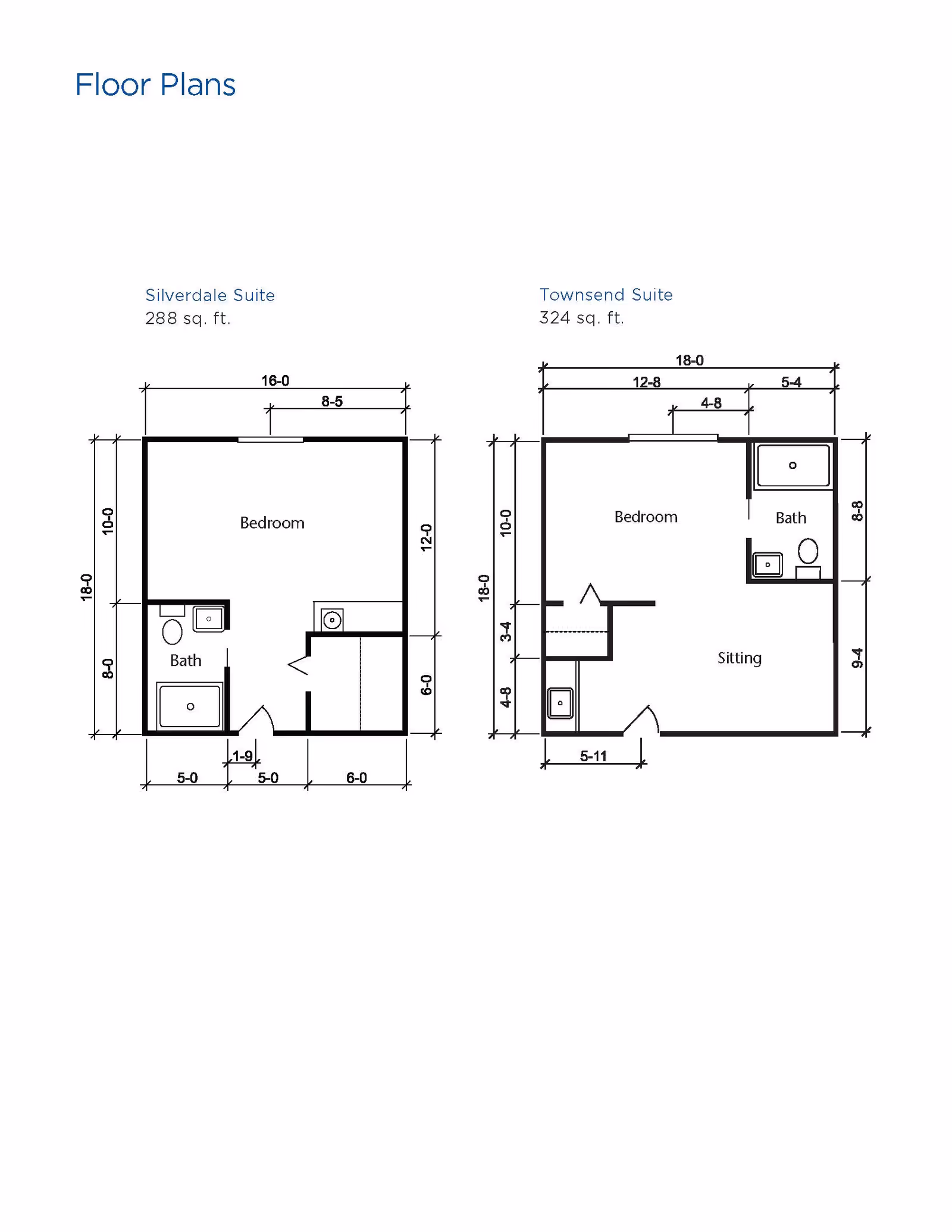 Floor plans for two suites at Brookdale Salina Kirwin. The Silverdale Suite is 288 sq. ft. with a bedroom and bath. The Townsend Suite is 324 sq. ft. with a bedroom, sitting area, and bath. Both plans include dimensions for each room and layout details.
