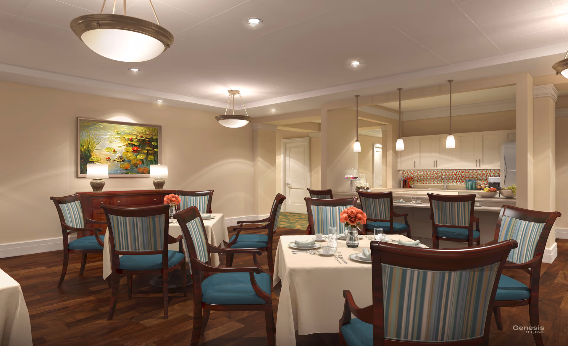 A cozy dining room with several tables covered in white tablecloths, each set with plates, cups, and silverware. The chairs have wooden frames with blue and striped upholstery. The room features warm lighting from ceiling fixtures and table lamps on a sideboard beneath a colorful painting of water lilies. In the background, there is a kitchen area with white cabinets, a refrigerator, and a countertop with bar stools.