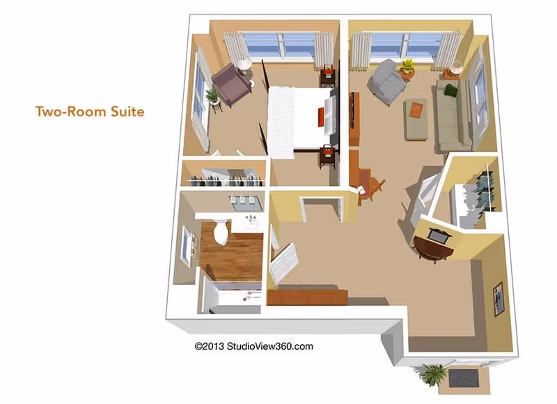 3D floor plan of a two-room suite showing a bedroom with a bed, nightstands, and a chair; a living room with a sofa, armchair, coffee table, TV, and desk; a bathroom with a toilet, sink, and bathtub; and a closet area. The suite has windows with curtains and a small entryway with a plant.