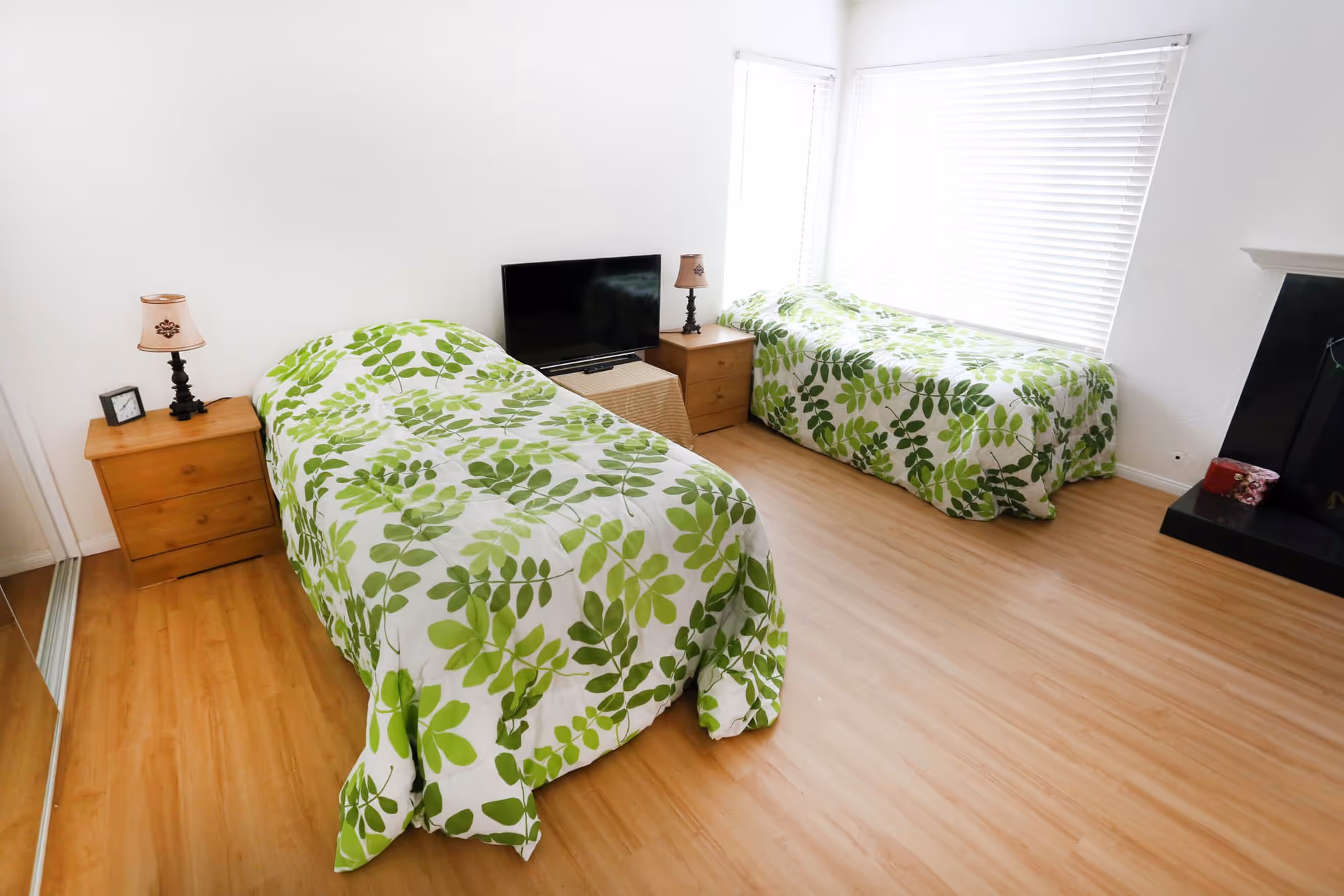 A bright bedroom with two single beds covered in white bedspreads with green leaf patterns. Each bed has a wooden nightstand with a lamp on top. A flat-screen TV is placed on a small table between the beds. The room has light wooden flooring, white walls, and a large window with white blinds letting in natural light.
