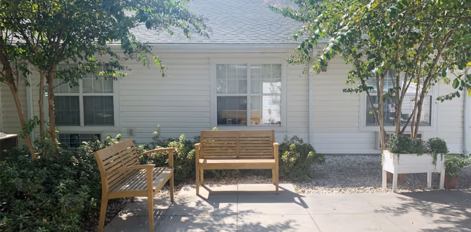 Outdoor seating area with two wooden benches on a concrete patio in front of a white building with windows, surrounded by green shrubs and small trees.