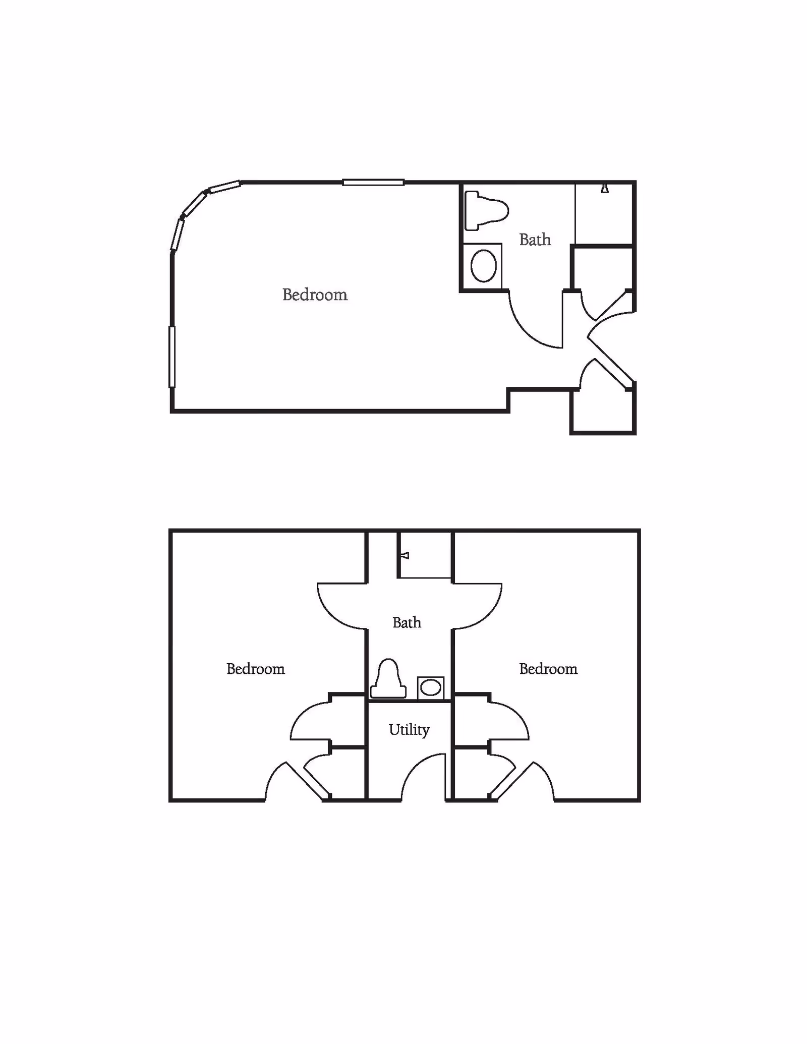 Architectural floor plan showing two layouts. The top layout includes a bedroom and a bathroom. The bottom layout includes two bedrooms, a bathroom, and a utility room in the center.