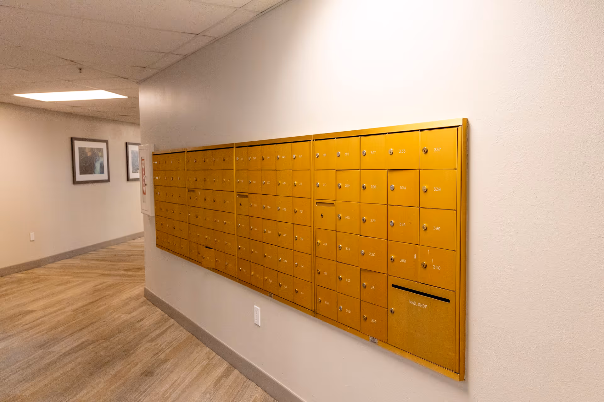 Interior hallway with a wall-mounted set of yellow mailboxes on the right side and framed pictures hanging on the left wall. The floor has a wood-like finish and the ceiling has recessed lighting.