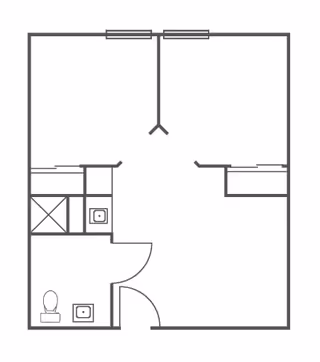 Architectural floor plan showing a layout with a bathroom including a toilet and sink, a shower area, and two other rooms separated by walls and doors.