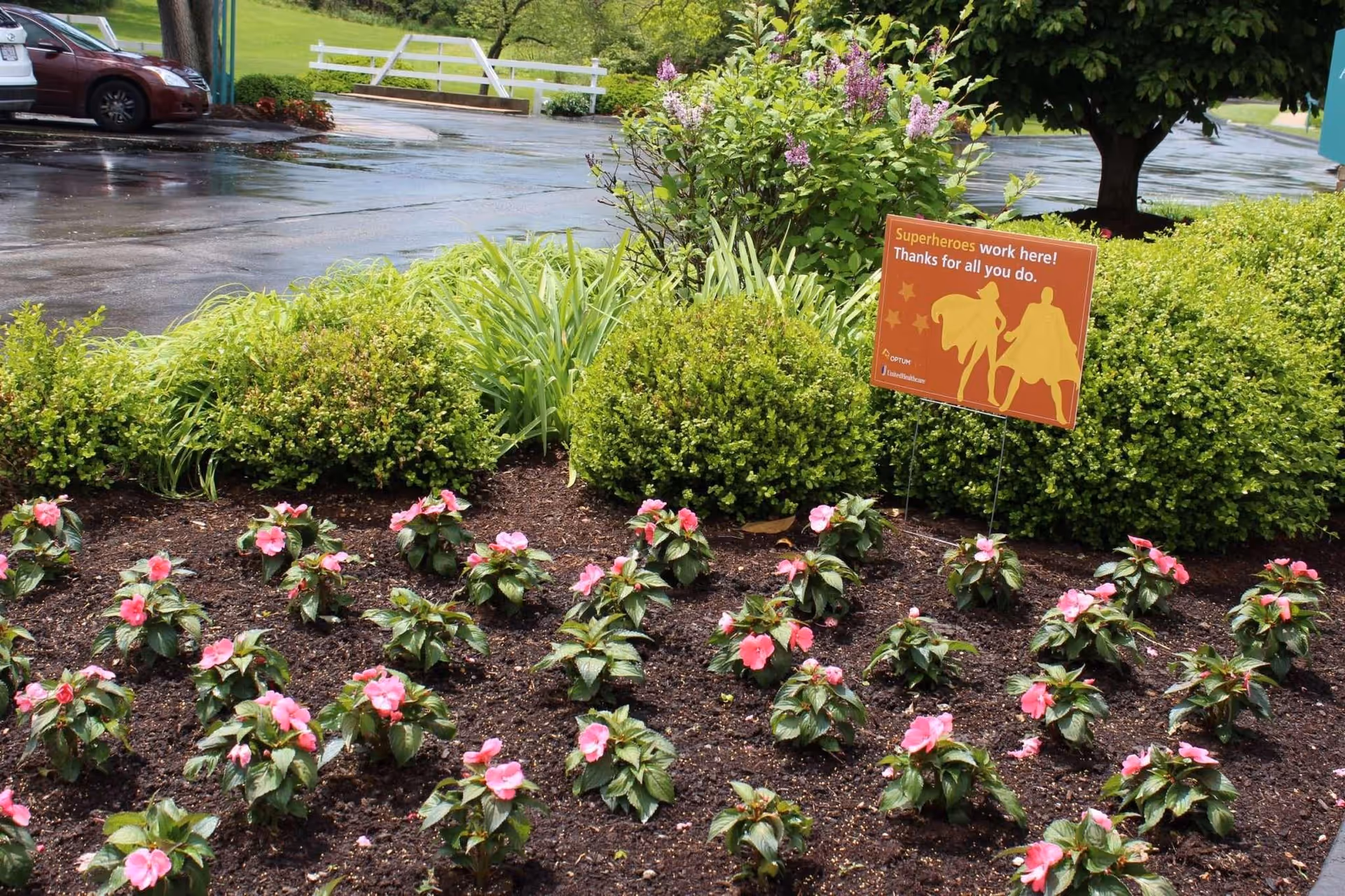 Flower bed of pink flowers and trimmed hedges by a parking lot with a sign thanking 'Superheroes' for their work.