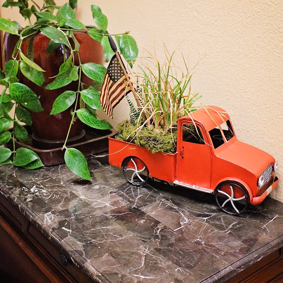 A decorative red metal truck planter with grass and an American flag inside, placed on a dark marble surface next to a large potted green leafy plant against a beige wall.