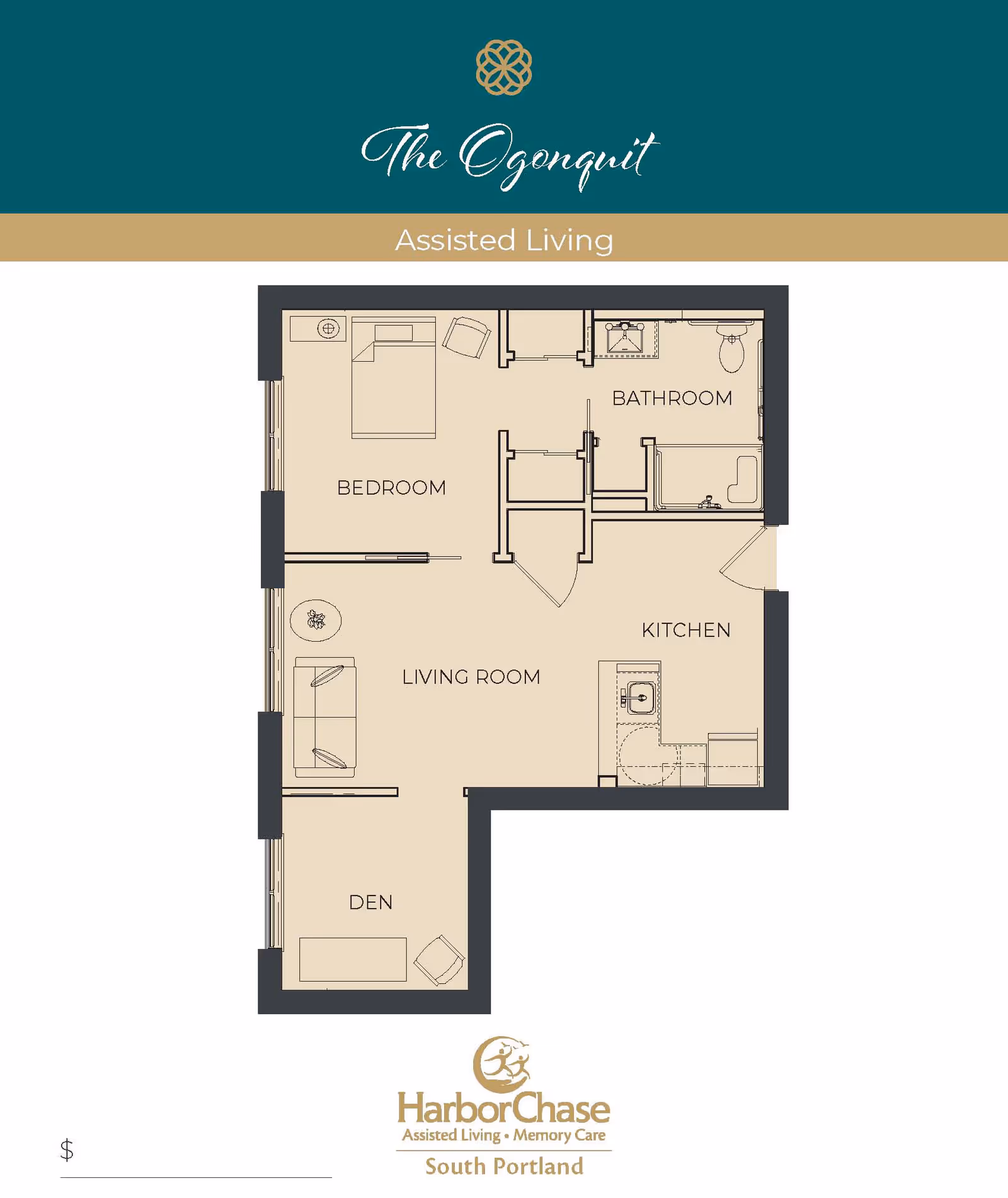 Illustrated floor plan of an assisted living one-bedroom apartment with den, living room, kitchen and bathroom labeled "The Ogonquit" and HarborChase South Portland logo.