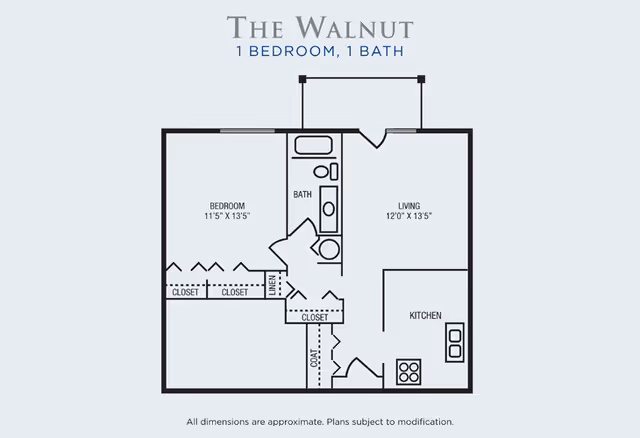 Floor plan titled The Walnut showing a 1 bedroom, 1 bath apartment layout with labeled areas for bedroom, bath, living room, kitchen, closets, linen, and coat closet.