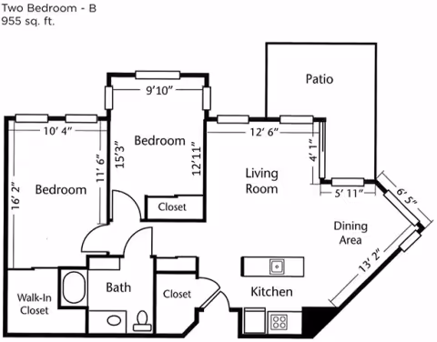 Black-and-white floor plan labeled 'Two Bedroom - B 955 sq. ft.' showing two bedrooms, a living room, kitchen with an island, dining area, bathroom, closets including a walk-in closet, and a patio.