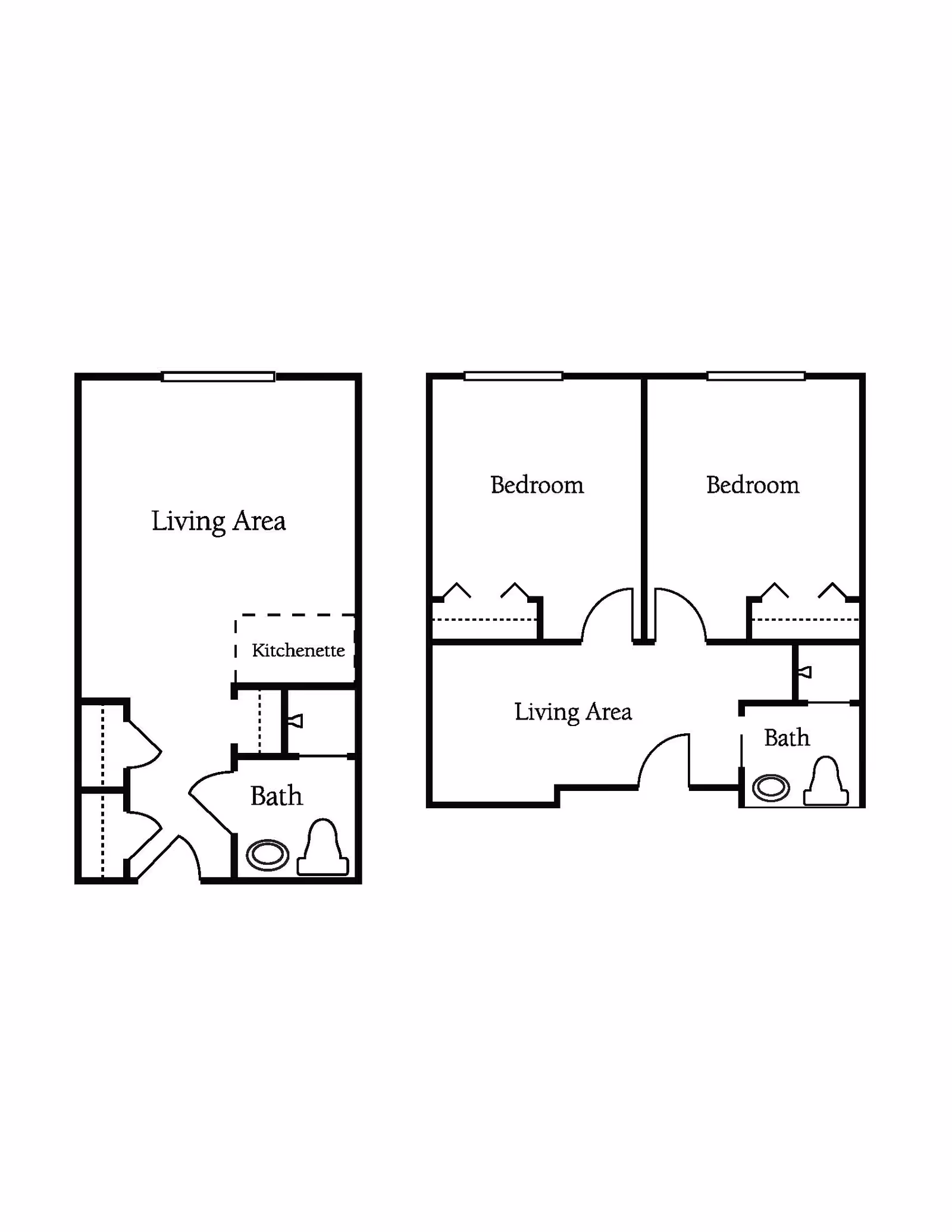 Architectural floor plan showing two layouts: one with a living area, kitchenette, and bath; the other with two bedrooms, a living area, and a bath.