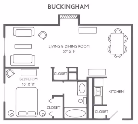 Floor plan labeled Buckingham showing a layout with a bedroom, living and dining room, kitchen, bathroom, and multiple closets. The living and dining room measures 27 feet by 9 feet, and the bedroom measures 10 feet by 11 feet.