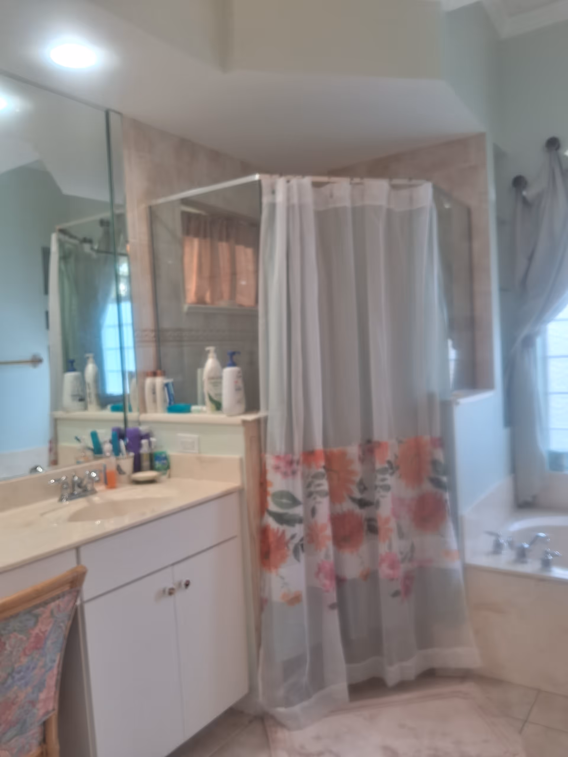 Bathroom with a vanity and sink, large mirror, corner shower with a floral curtain, and a tub by a window.