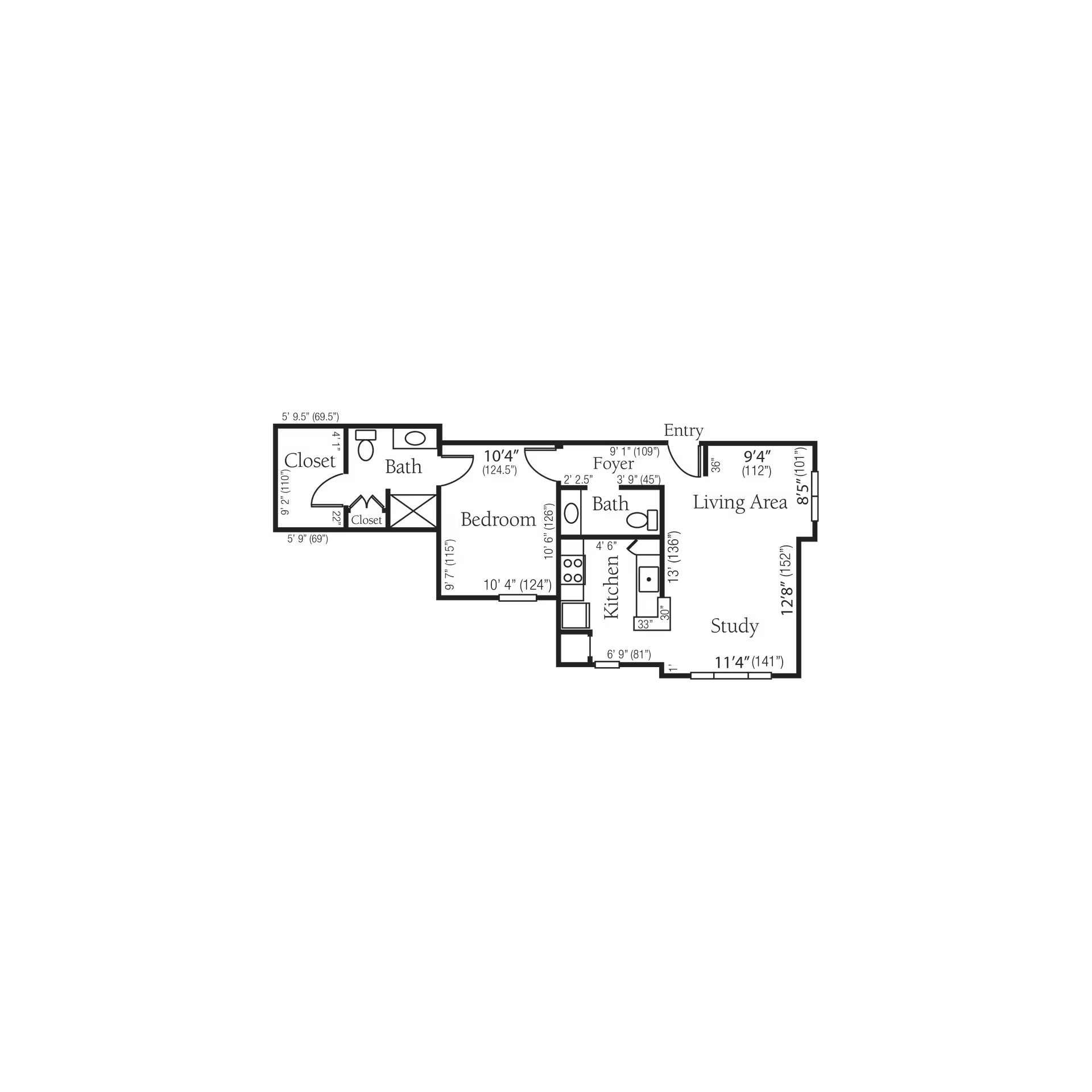 A small centered floor plan diagram showing labeled rooms like bedroom, kitchen, living area, study, and baths on a black background.