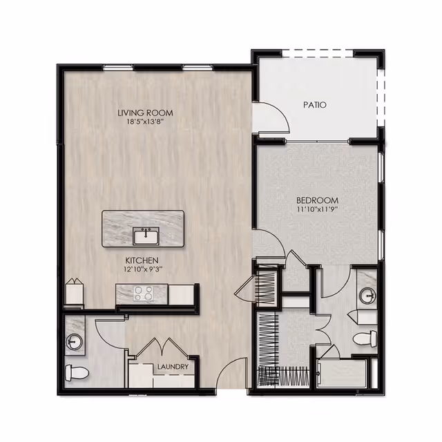 Floor plan of a senior living apartment at StoneCreek of Flying Horse Senior Living, showing a living room, kitchen with island, bedroom, patio, laundry area, and two bathrooms.
