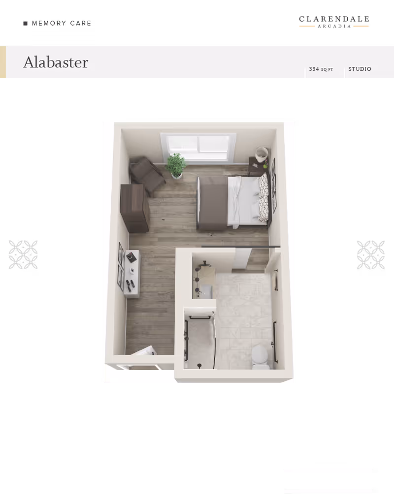 Top-down 3D floor plan of the 'Alabaster' studio showing a bed, seating, wardrobe, and an attached bathroom.