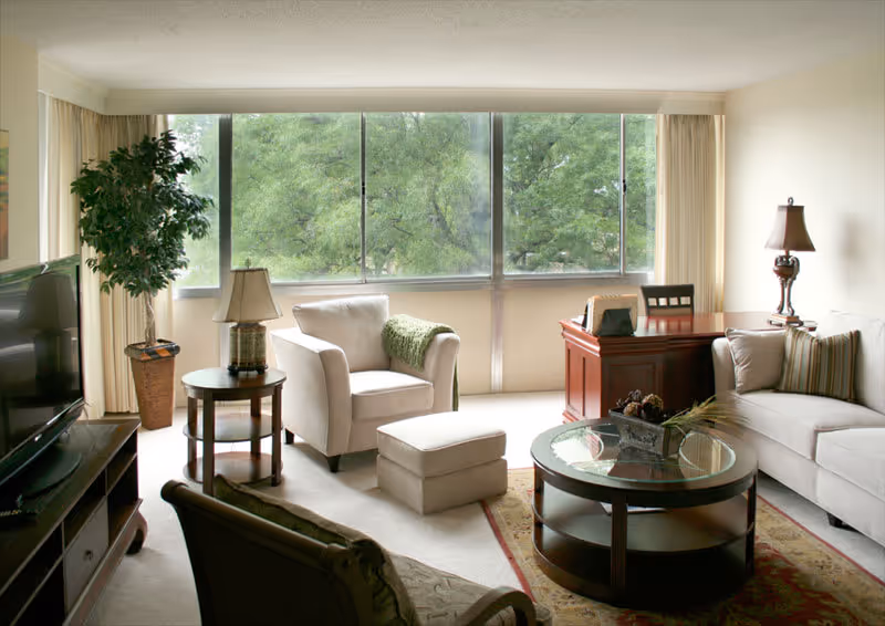 A bright living room with large windows showing green trees outside. The room features a white armchair with a green throw, a matching ottoman, a wooden coffee table with decorative items, a beige sofa with striped pillows, a wooden desk with a lamp, a side table with another lamp, a flat-screen TV on a stand, and a potted plant in the corner.