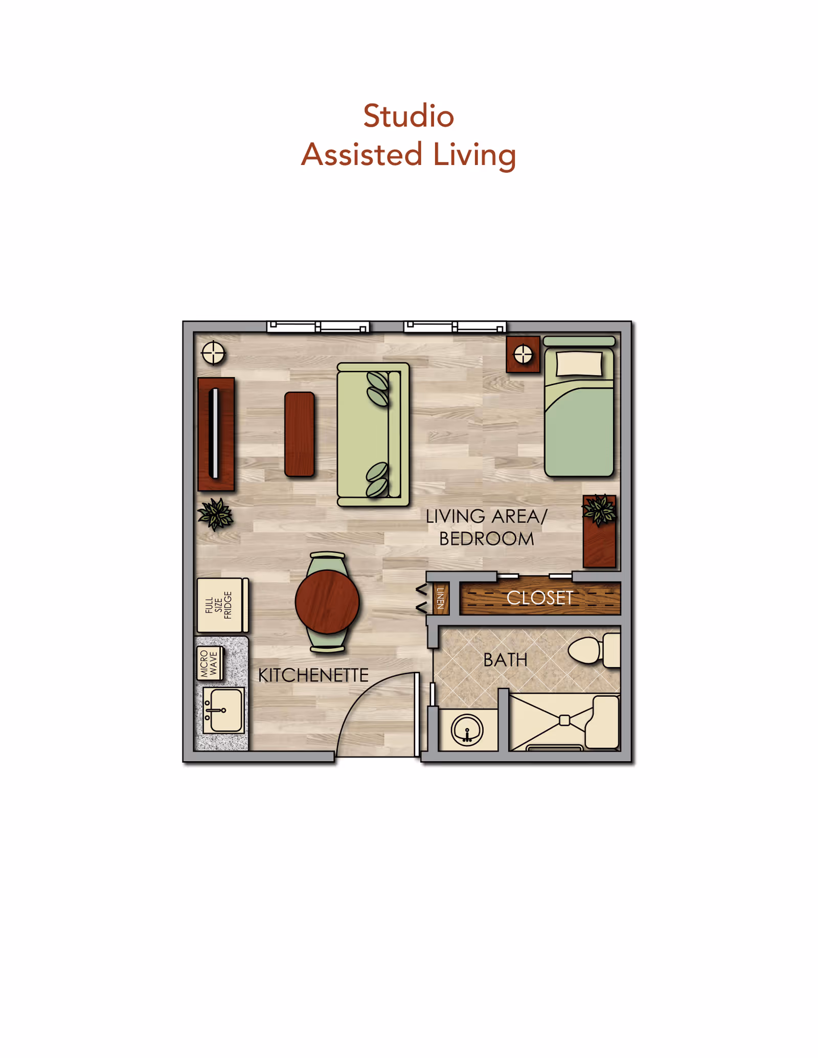 Floor plan of a studio assisted living apartment showing a kitchenette, living area/bedroom, closet, and bathroom.