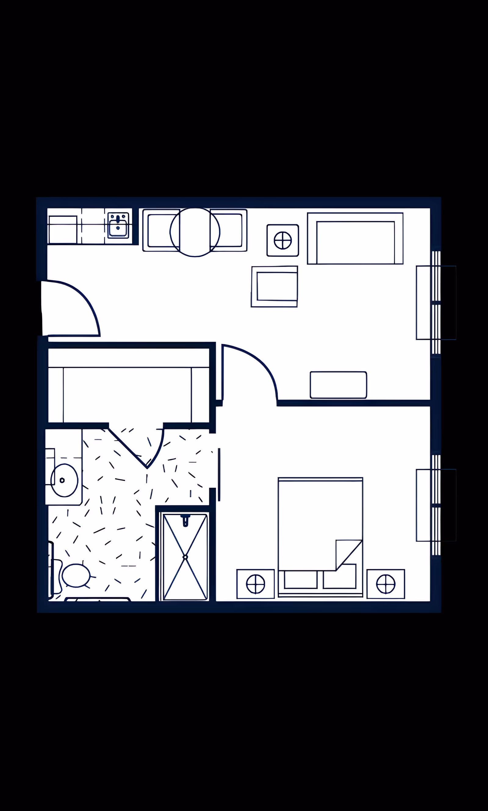 Architectural floor plan of a senior living unit showing a bedroom with a bed and two nightstands, a living area with a sofa, chair, and table, a kitchen area with a sink and counter, and a bathroom with a toilet, sink, and shower.