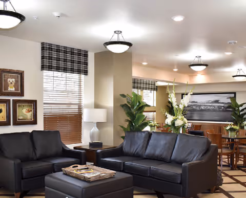 A cozy living room area with two black leather sofas and a matching ottoman. The room features large windows with plaid valances, a table lamp, framed artwork on the wall, and several green plants. In the background, there is a dining area with wooden chairs and a large black and white photograph on the wall.