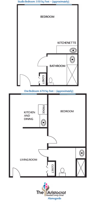 Floor plan layout showing two apartment types at The Aristocrat senior living center. The top plan is a studio apartment with a bedroom, kitchenette, bathroom, and closet. The bottom plan is a one-bedroom apartment with a living room, kitchen and dining area, bedroom, bathroom, and closet. The Aristocrat logo is displayed at the bottom.